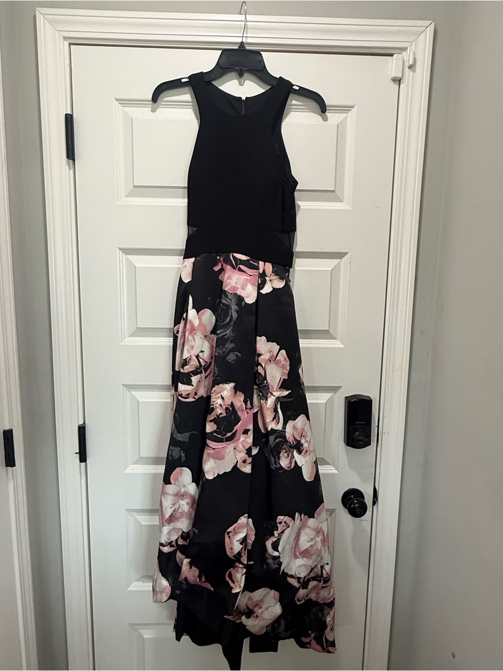 Xscape Black Crop Top with Pink Floral Full Skirt Prom Gown